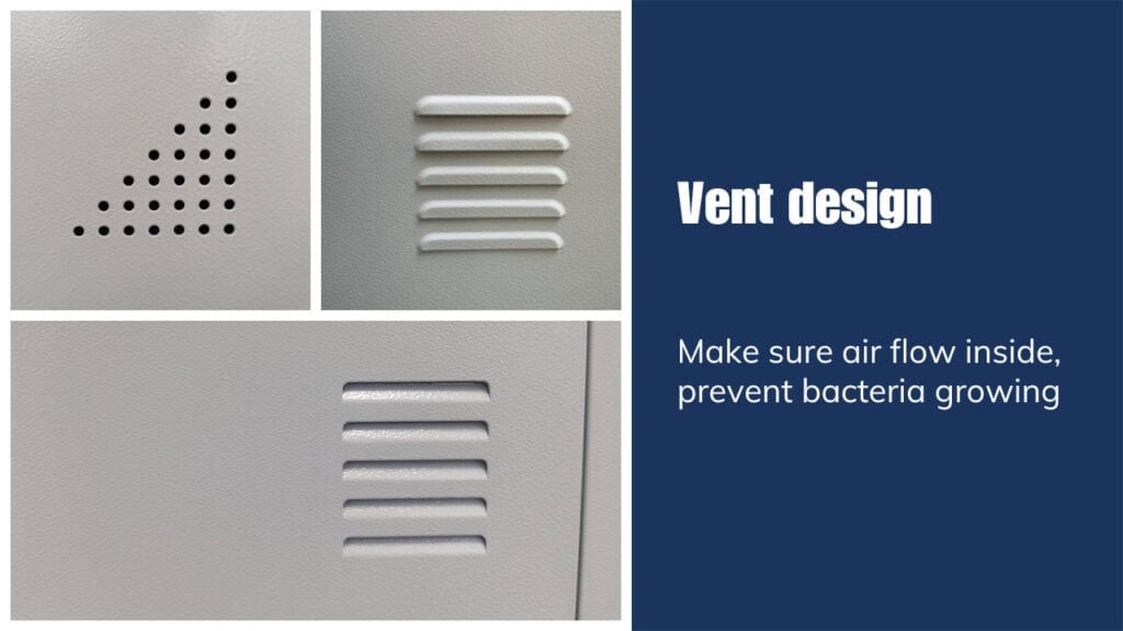 Armadietti in acciaio resistenti con sistema di ventilazione, ideali per palestre e centri fitness.