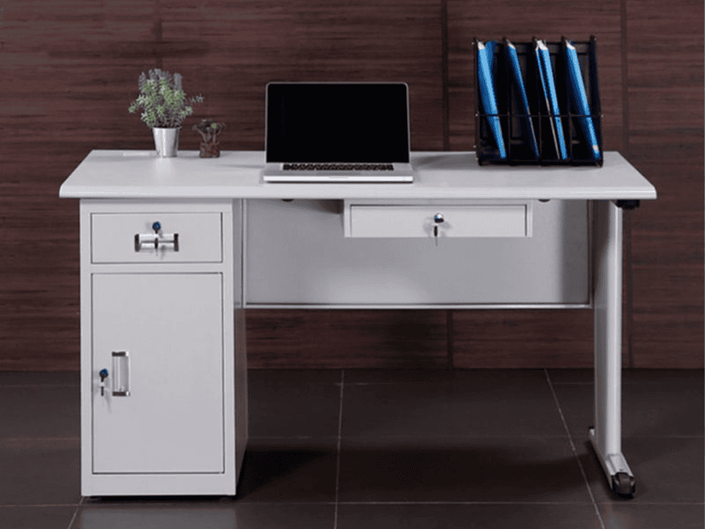 White office desk with drawers, laptop, and file organizer for professional workspaces.