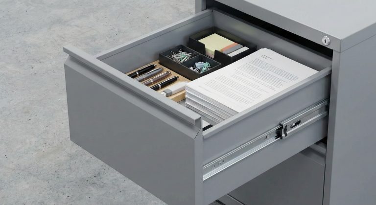 Kovová kartotéka s uspořádanými zásuvkami pro malé kancelářské úložné prostory.