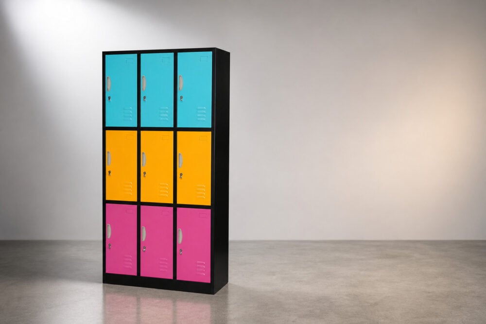 steel lockers vs metal lockers - nine door steel locker unit in a studio setting