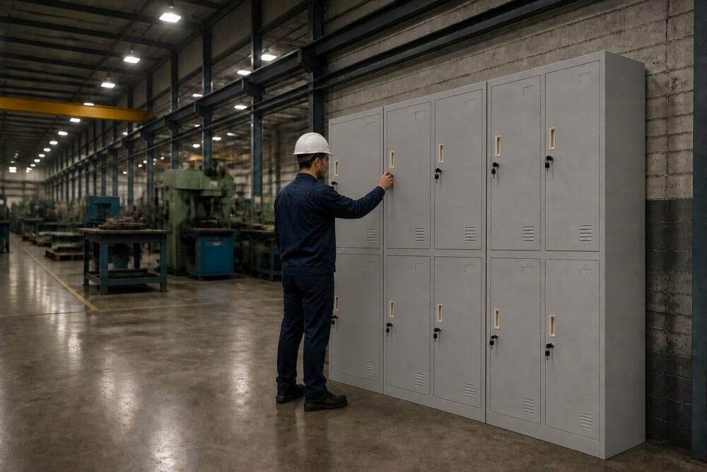 Industrial steel lockers installed in factory — grey 6-door metal locker units by LYBESTEEL