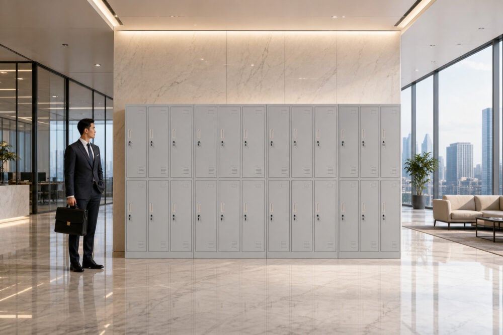 Steel office lockers installed in a modern corporate office lobby — grey powder-coat finish, 8-door configuration by LYBESTEEL