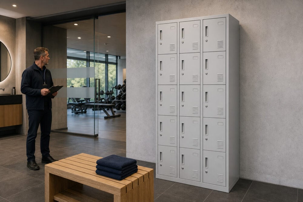 gym lockers installed in a modern fitness facility changing room inspected by a facilities manager