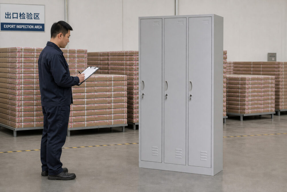 wholesale lockers from China in a steel furniture factory export inspection area with knock-down flat packaging inventory